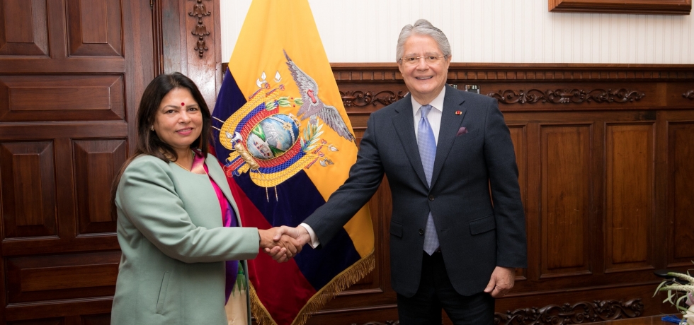 Visita Ministra de Estado a Ecuador, Sra Meenakashi Lekhi junto al Presidente del Ecuador Guillermo Lasso